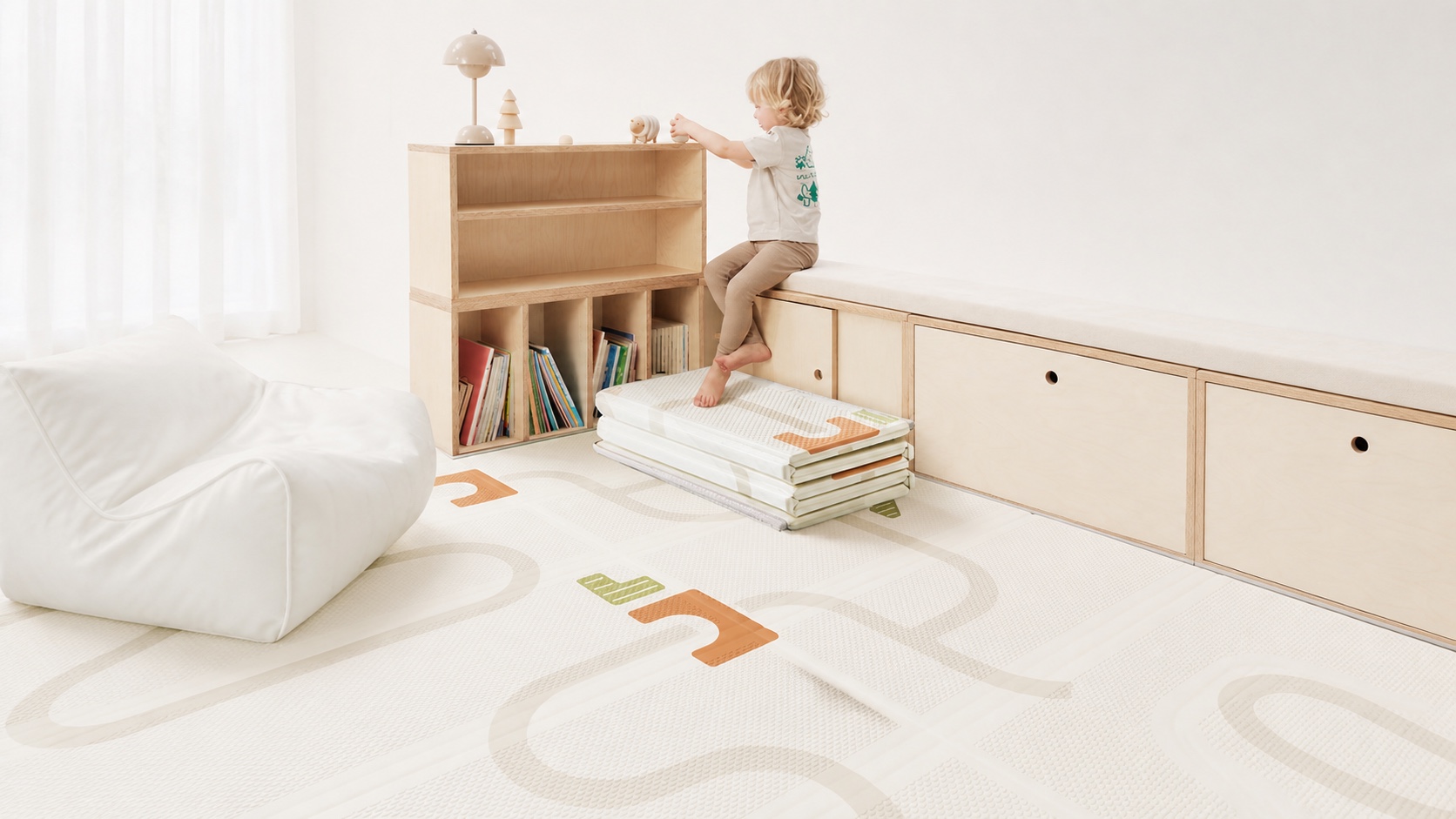 Child shown in full beside a folded printed XPE play mat in a bright nursery