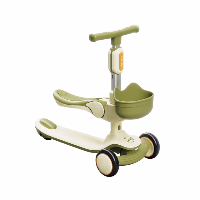 Green X4 reinforced toddler scooter with seat and front basket